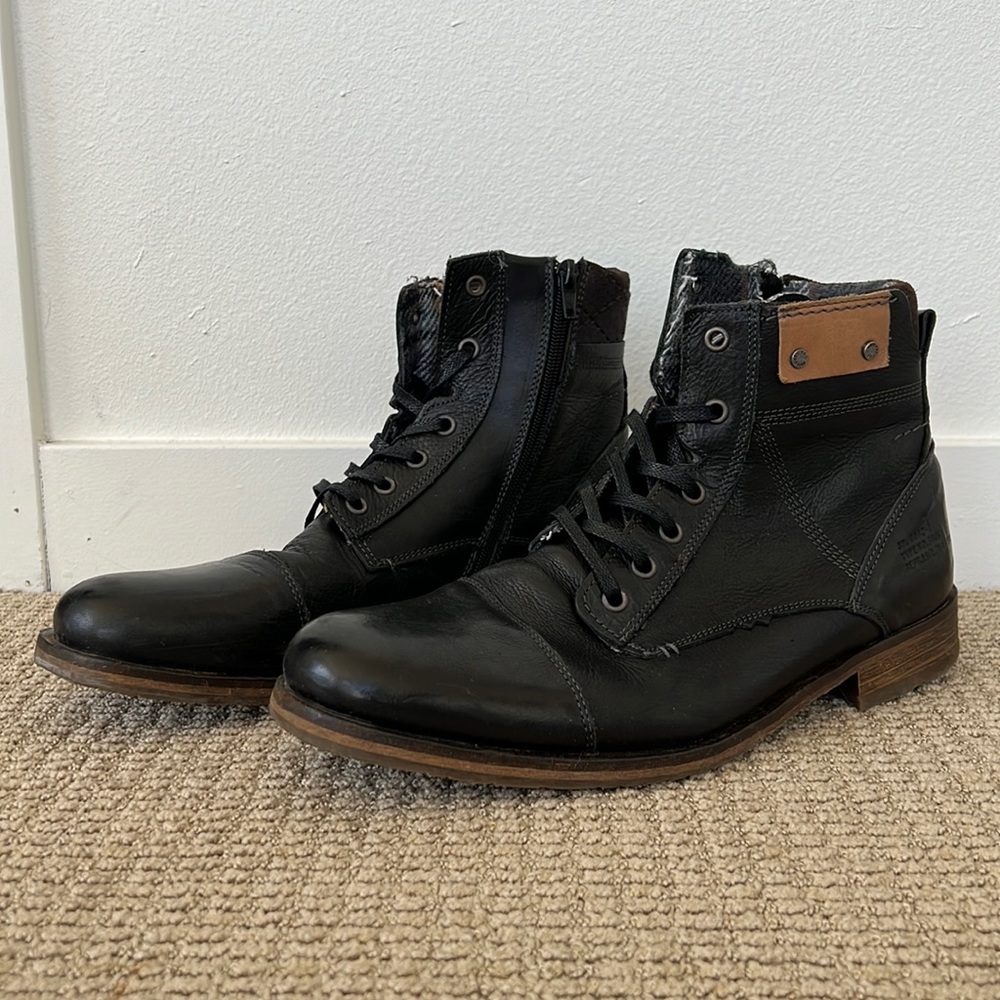 Bullboxer Expedus Black Leather Boots w/ Zippers and Laces, Size 10 US, 43 EU